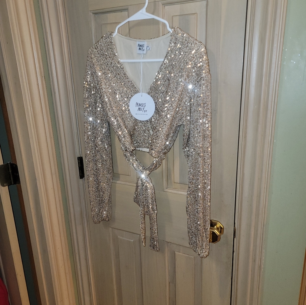 NWT Princess Poly Champagne Color Sz 0 Shrug Cropped Shirt Beaded - Picture 2 of 7